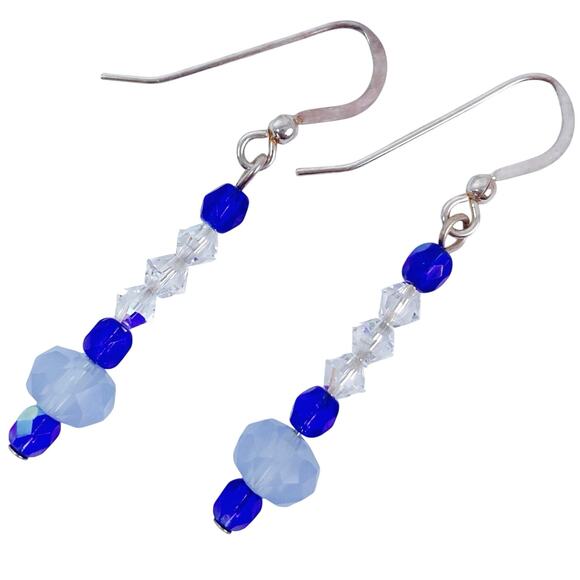 Vintage Artisan Sterling Silver Swarovski Blue Crystal Dangle Earrings Handmade - Picture 1 of 10